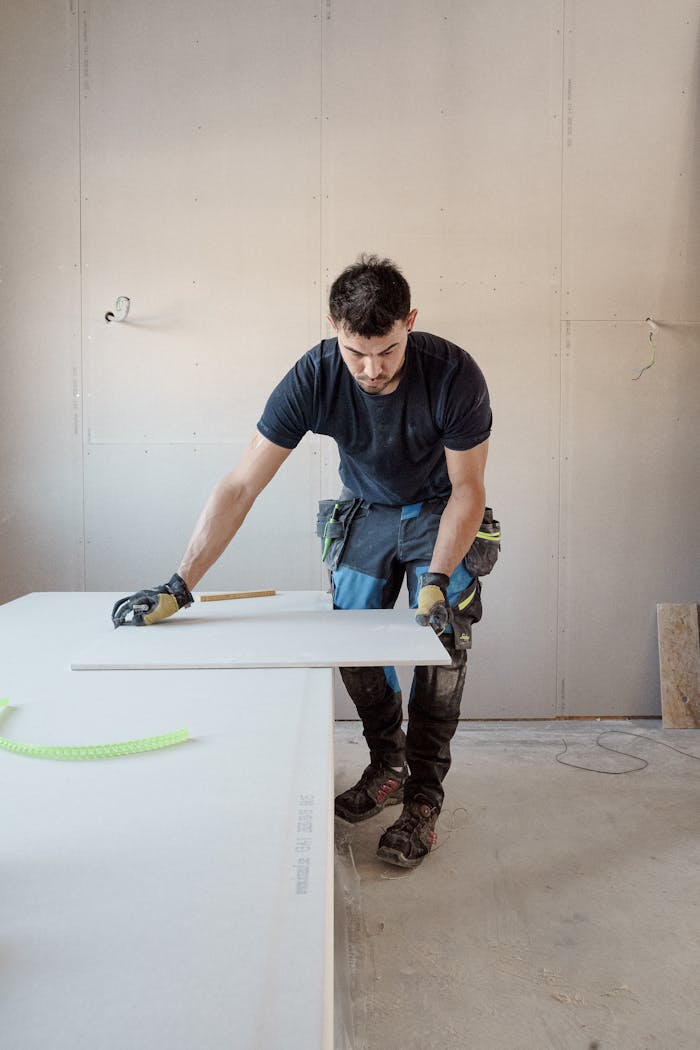 creative-01 A blue collar worker measuring a plank indoors in a bright workshop.